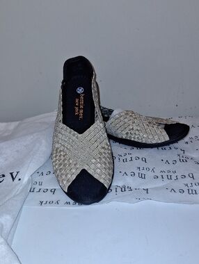 bernie mev. Metallic Gold Woven Slide Sandals